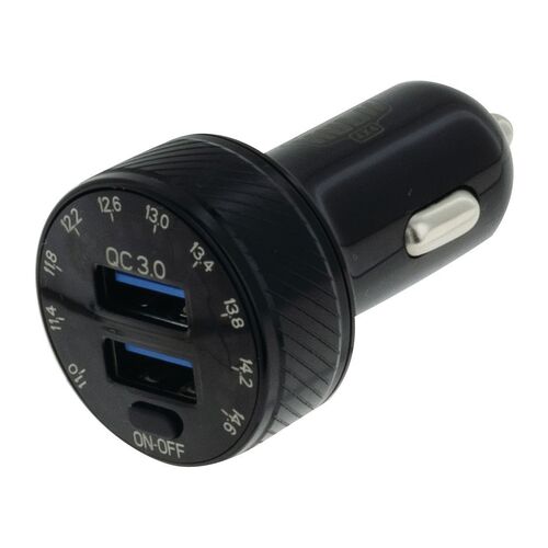 DUAL USB IN CAR SOCKET CHARGER DUAL QC3.0 WITH VOLTMETER & SWITCH