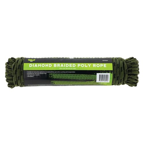 DIAMOND BRAIDED POLY ROPE (OLIVE/BLACK) 9.5MM X 30M